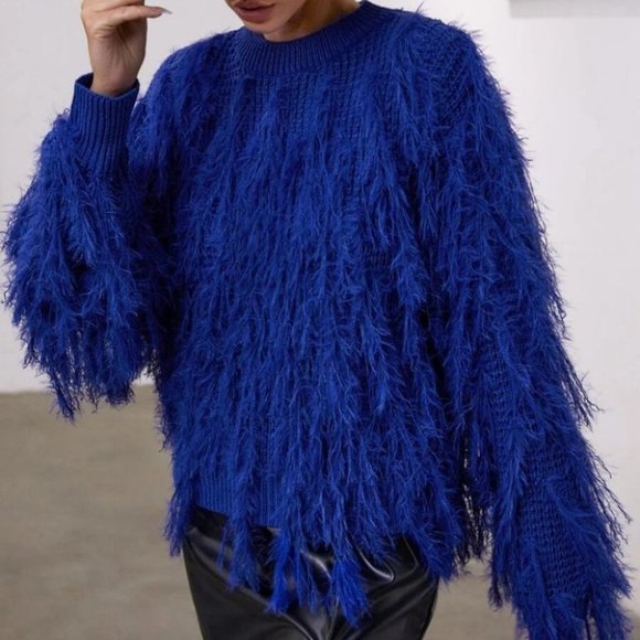 BLUE Fuzzy Fringe Crop knit Sweater top - Picture 6 of 6